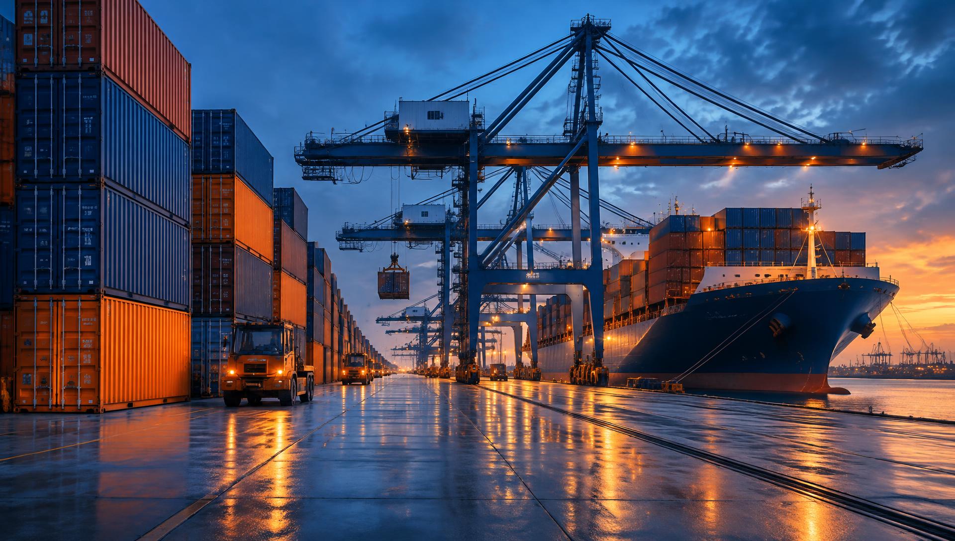 Container port at dusk